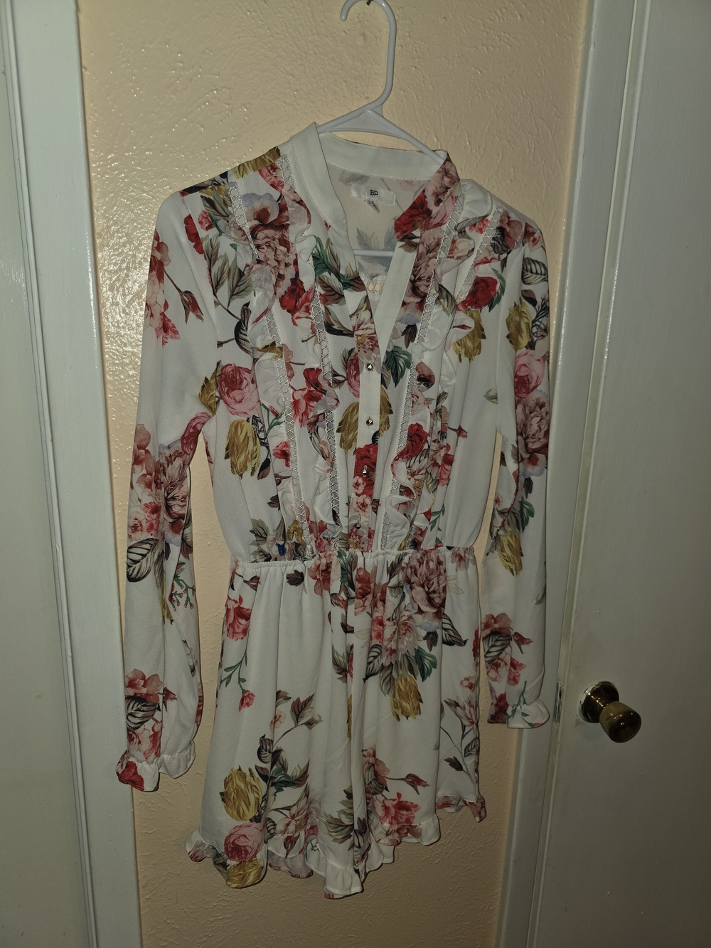 BP. Nordstrom Floral Eyelet Ruffle Long Sleeve Romper Cream Red